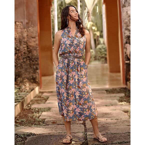 GARNET HILL Ambrose Crêpe Dress Floral Print Midi Length Women's Size Large - Picture 1 of 16